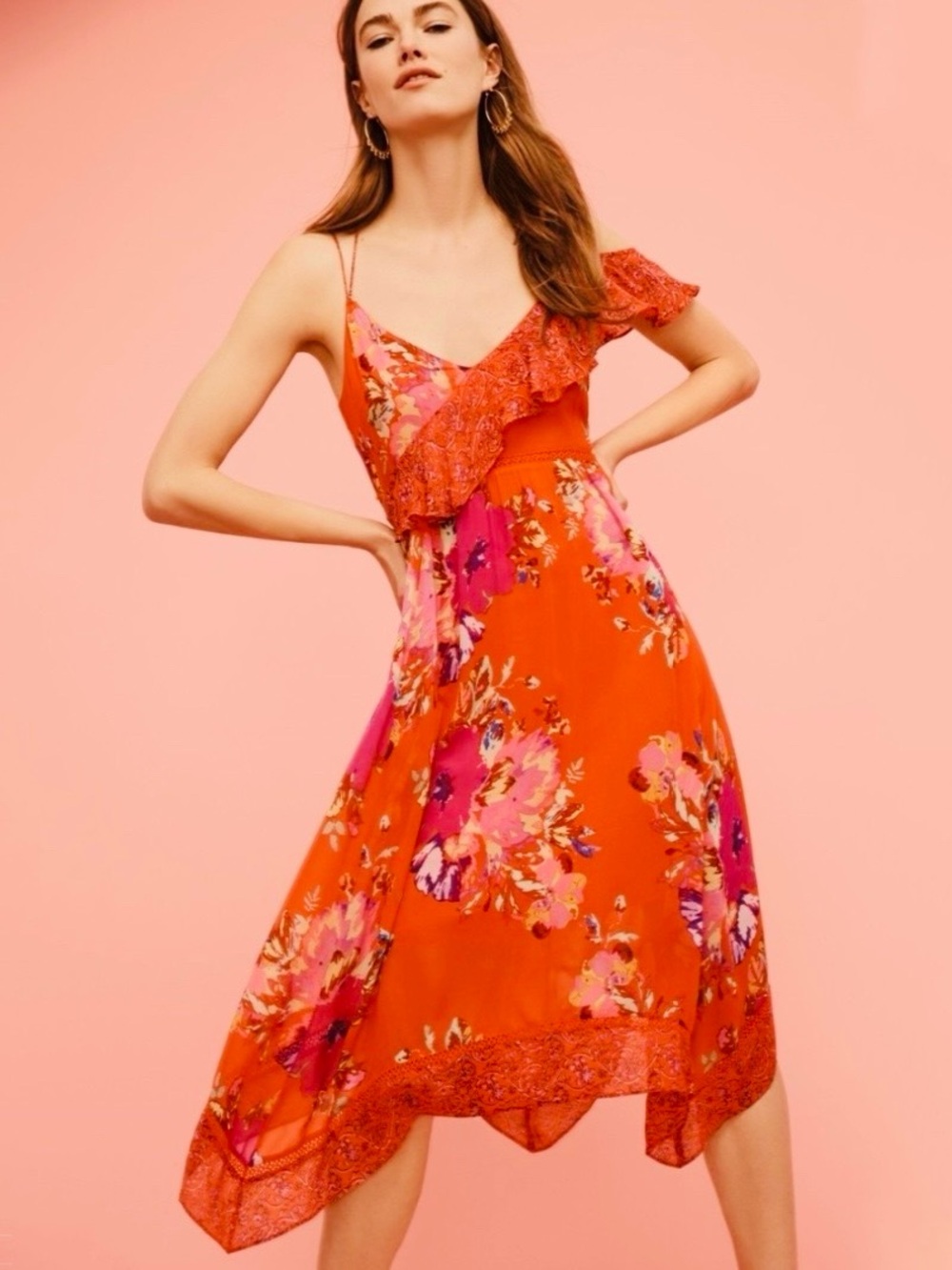 Anthropologie Grecia Handkerchief Ruffle Floral Dress Red Orange size 10